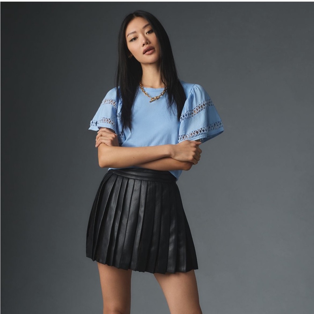 Anthropologie Self Contrast Flutter-Sleeve Cutwork Top Med
